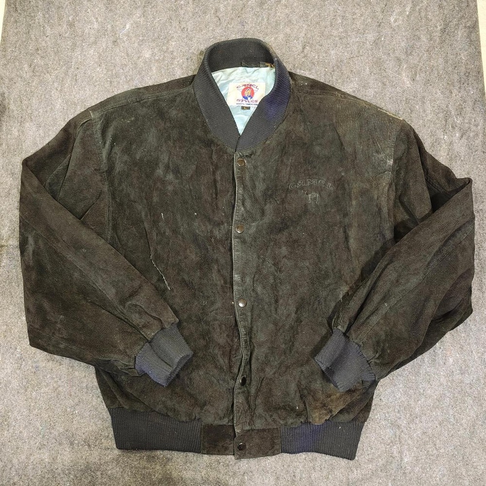 Vintage 90s Camel Styles Joe Camel Suede Bomber Jacket Black Men Large Distress